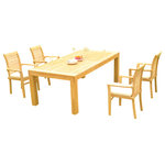 Teak Deals - 5-Piece Outdoor Teak Dining Set: 86" Rectangle Table, 4 Mas Stacking Arm Chair - Set includes: 86" Canberra Rectangle Fixed Dining Table and 4 Stacking Arm Chairs.