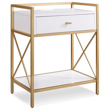 Contemporary Nightstand, X-Shaped Golden Base & Charging Station On Top, White