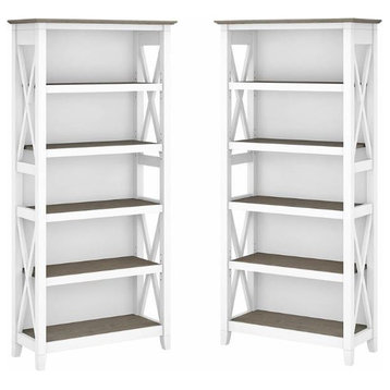 Home Square 5 Shelf Wood Bookcase Set in Pure White and Shiplap Gray (Set of 2)