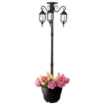 6.6' Tall Solar Lamp Post and Planter, 3 Heads, White Leds, Black