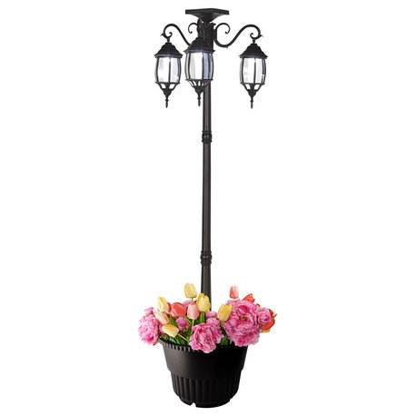6.6' Tall Solar Lamp Post and Planter, 3 Heads, White Leds, Black