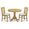 3 Pieces Dining Set, Round Table & 2 Chairs With Slatted Back, Cushioned/Oak