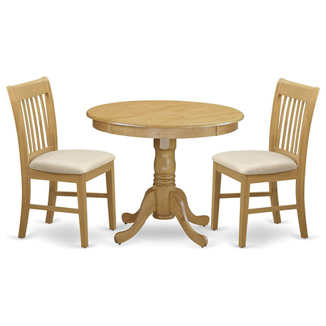 3 Pieces Dining Set, Round Table & 2 Chairs With Slatted Back, Cushioned/Oak