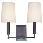 Hudson Valley Lighting - Clinton 2-Light Wall Sconce, Old Bronze - Rather than the traditional bobeche and candlestick motif, a series of stepped circular rings transition from Clinton's thin square arms to the smooth columnar holder. A tapered barrel shade completes the cleanly styled composition. Clinton mounts to a 2 x 4 gem box.