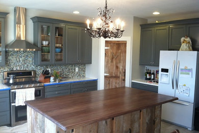 Eat-in kitchen - large transitional u-shaped porcelain tile eat-in kitchen idea in DC Metro with an undermount sink, recessed-panel cabinets, gray cabinets, quartz countertops, multicolored backsplash, glass sheet backsplash, stainless steel appliances and an island