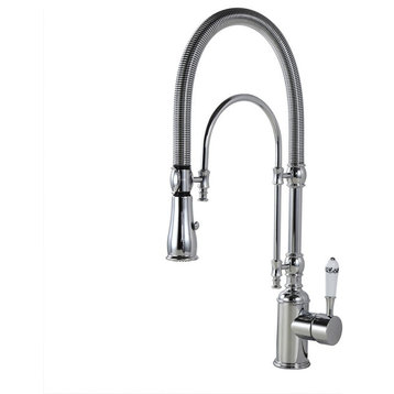 High Arc Swiveling Pull Out Spray Kitchen Faucet with Single Porcelain Handle, C