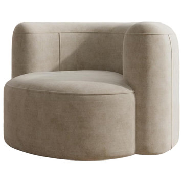 Contemporary Accent Chair, Barrel Silhouette & Soft Velvet Upholstery, Cream