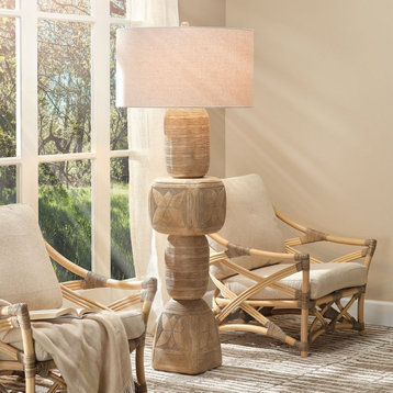 Elegant Natural Hand Carved Stacked Wood Shapes Floor Lamp 62 in Cairn Organic