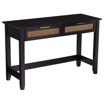 Transitional Console Table, 2 Drawers With Golden Pulls and Rattan Accent, Black