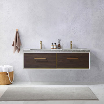 Caparroso Floating Bath Vanity, Stone Top, Dark Walnut, 60", No Mirror