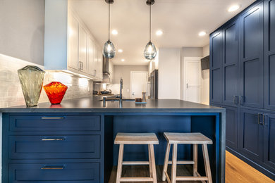 Kitchen - transitional galley kitchen idea in San Francisco with beaded inset cabinets and blue cabinets
