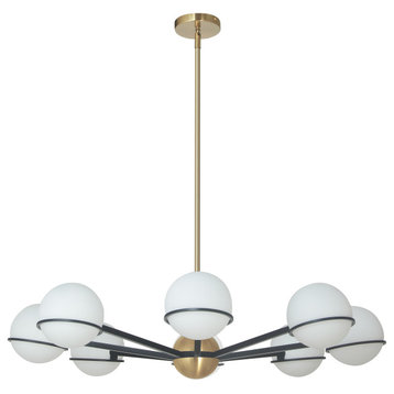 Matte Black and Aged Brass Modern Chandelier With White Glass