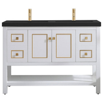 Harry 48" Double Bathroom Vanity Set with Black Sink, White With Brass Trim