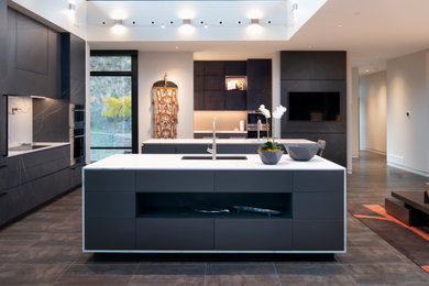 Contemporary kitchen in Other with an undermount sink, flat-panel cabinets, grey cabinets, white splashback, stone slab splashback, stainless steel appliances, with island, brown floor, white benchtop and vaulted.