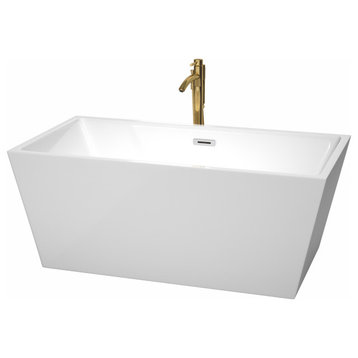 59" Sara Freestanding Bathtub, White, Chrome Trim, Floor Mounted Faucet, Gold