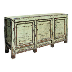 Chinese Distressed Cream Lemon Yellow High Credenza Console Buffet Table - Accent Chests And Cabinets