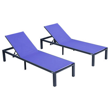 LeisureMod Marlin Patio Chaise Lounge Chair Black Frame Set of 2, Navy Blue