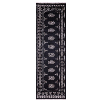 Black 2' 6" X 8' 0" Runner Silky Bokhara Hand-Knotted Wool Rug - Q21904