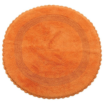 Saffron Fabs Bath Rug 36" Reversible Hand Knit Crochet Lace Border, Orange