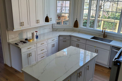 Example of a large minimalist u-shaped medium tone wood floor and vaulted ceiling kitchen pantry design in Atlanta with an undermount sink, shaker cabinets, white cabinets, porcelain backsplash, stainless steel appliances and an island