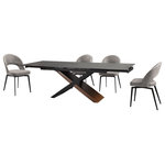 Armen Living - Milena Lucia 5 Piece Extendable Dining Set With Gray Fabric Chairs - Enjoy an intimate meal or host a dinner party with the Milena Lucia 5 Piece Extendable Dining Set with Fabric Chairs. This set includes 1 Milena extendable dining table and 4 Lucia swivel dining chairs. Beautifully minimalistic, our dining chair stands out with a refined and striking silhouette. A sleek cut-out and slender black metallic legs complete the modern and sophisticated appeal of the kitchen chair. It's ergonomically sculpted back delivers exceptional comfort, supporting you in just the right places. The back and seat are both generously padded to bring a dose of comfort to your formal and casual meals. Our dining room chair can also serve as a comfy seat in your home office or provide a comfortable spot to relax in your living room. The dining table chair also includes a 180 - degree swivel function allowing you to change directions and follow conversations with ultimate ease. It is upholstered in performance fabric for easy care and maintenance. With clean lines and dramatic construction, our long dining table serves as a stunning focal point. Its linear, rectangular tabletop is crafted from sintered shadow stone for a versatile and sophisticated appeal. A durable yet elegant alternative to quartz, this tabletop is resistant to etching, scratches, burns, and stains. It is perched upon a cross-shaped base to capture the eye. The chunky wooden leg is covered in walnut veneer, creating a visual contrast with the airy black wooden frame. Our chic and stylish dining table can easily extend to comfortably seat up to six to eight individuals. Serving as the perfect fit for your casual meals and garnished dinners, the table remains a stunning complement to your dining room or living space. It supports durable construction and easy-to-care materials to serve as a long-lasting addition to your home or apartment. The Milena Lucia dining set is available in 5 and 7 piece set configurations and features a shadow stone, walnut, and black wood veneer table and your choice of gray or brown upholstered swivel dining chairs.