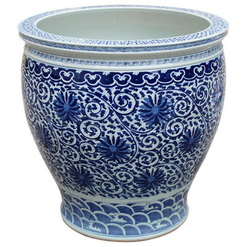 Large Blue and White Porcelain Fish Bowl Lotus Floral Pattern 16"