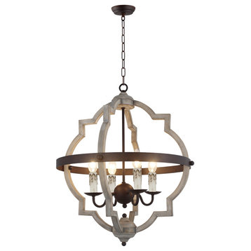 4-Light Globe Chandelier in Rustic Metal Finish and Antique White Wood Finish