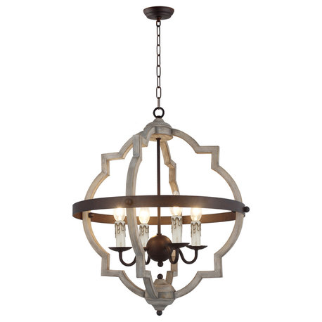 4-Light Globe Chandelier in Rustic Metal Finish and Antique White Wood Finish