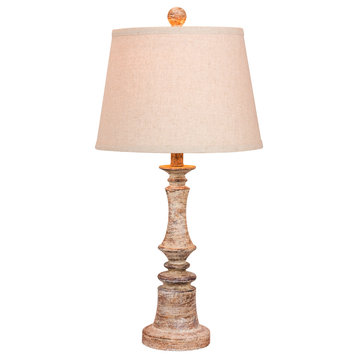 26.5" Distressed Candlestick Resin Table Lamp, Cottage Antique Beige