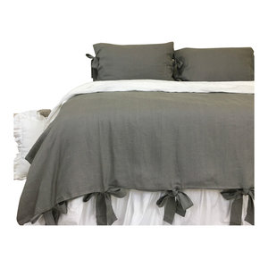 Dark Grey Linen Duvet Cover With Bow Ties Contemporary Duvet