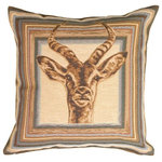 Pillow Decor Ltd. - Pillow Decor - Blue Antelope Tapestry Throw Pillow - This phenomenal pillow features a beautifully rendered, richly woven antelope framed by a colorful striped border. The antelope's head gazes out sweetly while its horns push proudly into the colorful striped frame. The effect is striking. Teal blues and sandy browns accented by hits of black add bold color to the originality of the design.