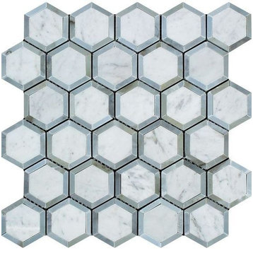 Carrara White Marble Polished 2" Vortex Hexagon Mosaic Tile w / Blue Gray Dots
