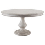 MOD - The Margot Dining Table, 54", Warm Gray, French Country, Round - The elegant and antique nature of the Margot dining table is designed to fulfill your desire for European, rustic flair. Its French country design and cedar wood construction allow for a grounding touch of texture, delivering the perfect decor alliance of polished and warmth. Its intricately carved base highlights its natural variations in grain, knots, color, and texture, signaling timeless beauty and durability for any dinner occasion to come. (63 words)