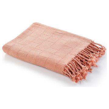 Checkered Weave Throw Blanket with Fringe, Coral Pink