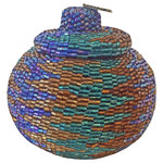Bindah - Manggis Handwoven Art Glass Basket, Peace Zigzag - Hand-sewn crystal-cut glass beads adorn this small hand-woven rattan manggis basket. The crystal-cut silver glass beads catch the light in any spot throughout your house.