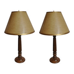 Carved Wood Pillar Lamps with Parchment And Gold Shades - Products