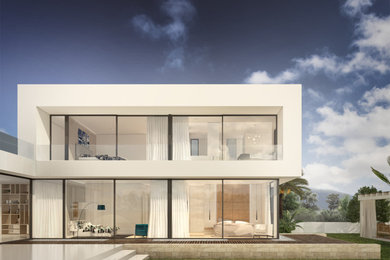 Modelo de fachada de casa blanca mediterránea de tamaño medio de dos plantas con revestimientos combinados, tejado plano y tejado de varios materiales