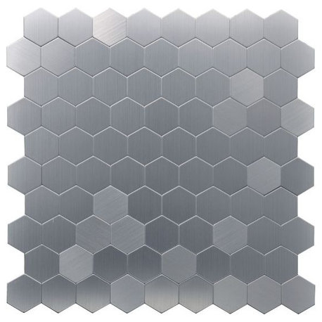 A16081, Peel and Stick On Metal Backsplash, Brush Metal Hexagon, Set of 10