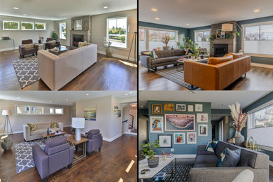 Living room - mid-sized eclectic dark wood floor and brown floor living room idea in Seattle with blue walls, a standard fireplace, a tile fireplace and a wall-mounted tv