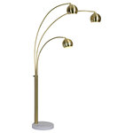 Renwil - Renwil Iron Dorset Floor Lamp With Satin Brass Finish LPF3072 - Refined materials and a retro arched shape give this decorative floor lamp a modern feel with mid-century flair. Three iron dome lampshades direct light from the top of gently sloping metal arms that extend above a circular white marble base. A gleaming satin brass-plated finish makes this decorative light fixture a standout among contemporary furnishings.