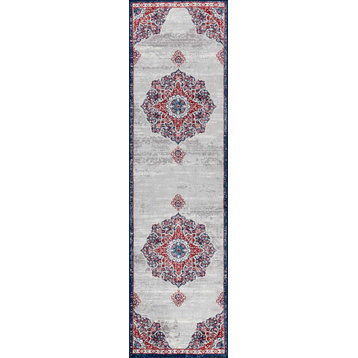 Modern Persian Vintage Moroccan Medallion Area Rug, Navy/Red, 2 X 8