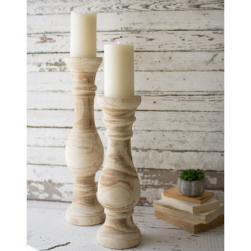 Natural Classic Carved Wood Pillar Candle Stick Holder 2-Piece Set