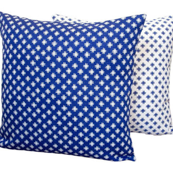 Geometric Crosshatch Indigo Blue Linen Reversible 20x20 Throw Pillow