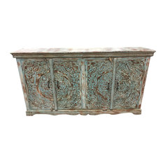 Mogul Interior - Consigned Distressed Blue Sideboards Ornate Lotus Carved Double Door Buffet - Buffets And Sideboards