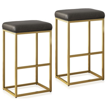 30" PU Leather Bar Height Bar Stools Set of 2, with Metal Base, Grey & Gold