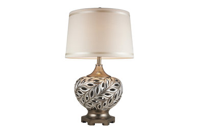 28.75" Tall Polyresin Table Lamp "Kiara", Silver Peacock Feathers Design
