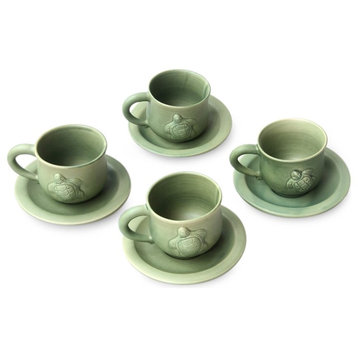 Handmade Turtle Action  Ceramic cups and saucers (set for 4) - Indonesia