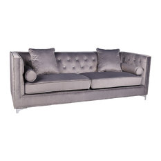 Diamante Crystal Mink Brushed Velvet 4 Seater Square Edge Luxury Sofa, Grey