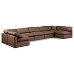 Meridian Furniture - Indulge Upholstered Modular U-Shaped Sectional, Brown, 7-Piece: 5 Armless Chair, 2 Corner Chair, Fiber Stuffed Vegan Leather - Experience ultimate comfort and style with our brown vegan leather Indulge Sectional. The luxurious vegan leather will elevate the aesthetic of any room. This sofa provides ample space for you to relax while its modular build offers the option of unlimited configurations. Whether you're looking to add a stylish element to your living room or a comfortable seating option to your bedroom, this sofa is the perfect choice.