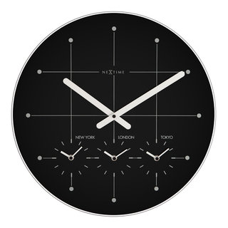 Time zone clocks. Modern wall round clock face, time zones day and